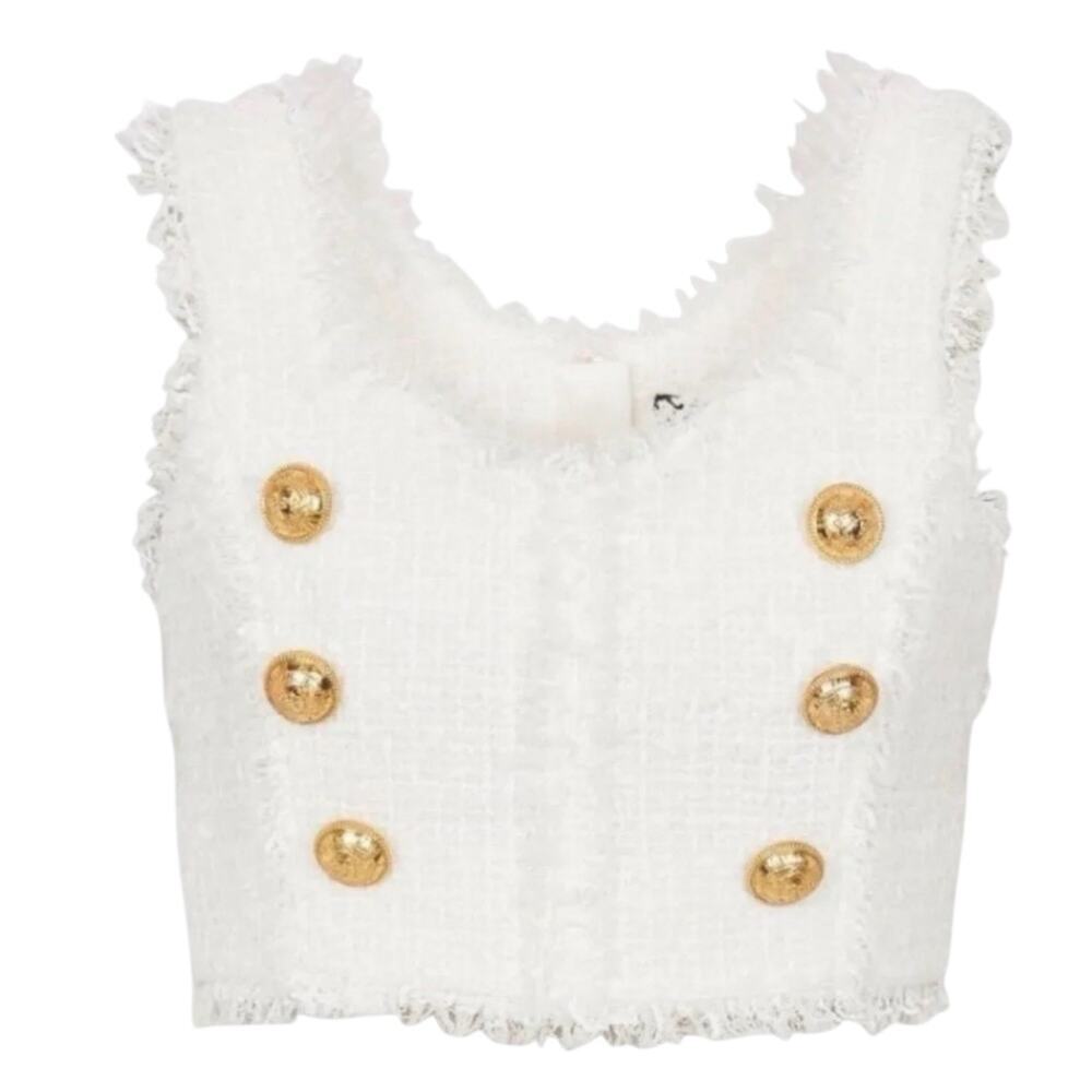 Balmain Paris button-embellished bouclé-tweed crop top $1398.00 New